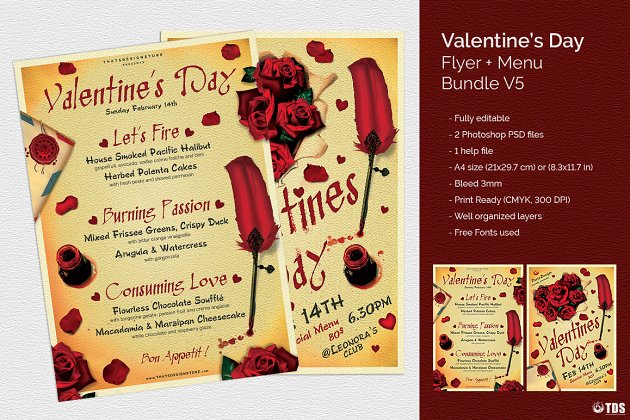 情人节主题传单+菜单PSD模板V5 Valentines Day Flyer+Menu PSD V5