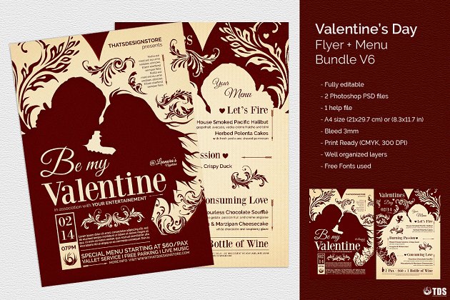 情人节菜单模板 Valentines Day Flyer+Menu PSD V6