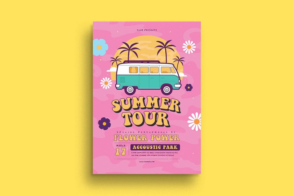 夏日嬉皮士旅游宣传单模板 Summer Hippies Tour Flyer