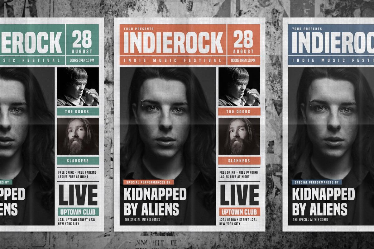 时尚摇滚风海报制作模板下载 Indie Rock Newspaper Style Flyer