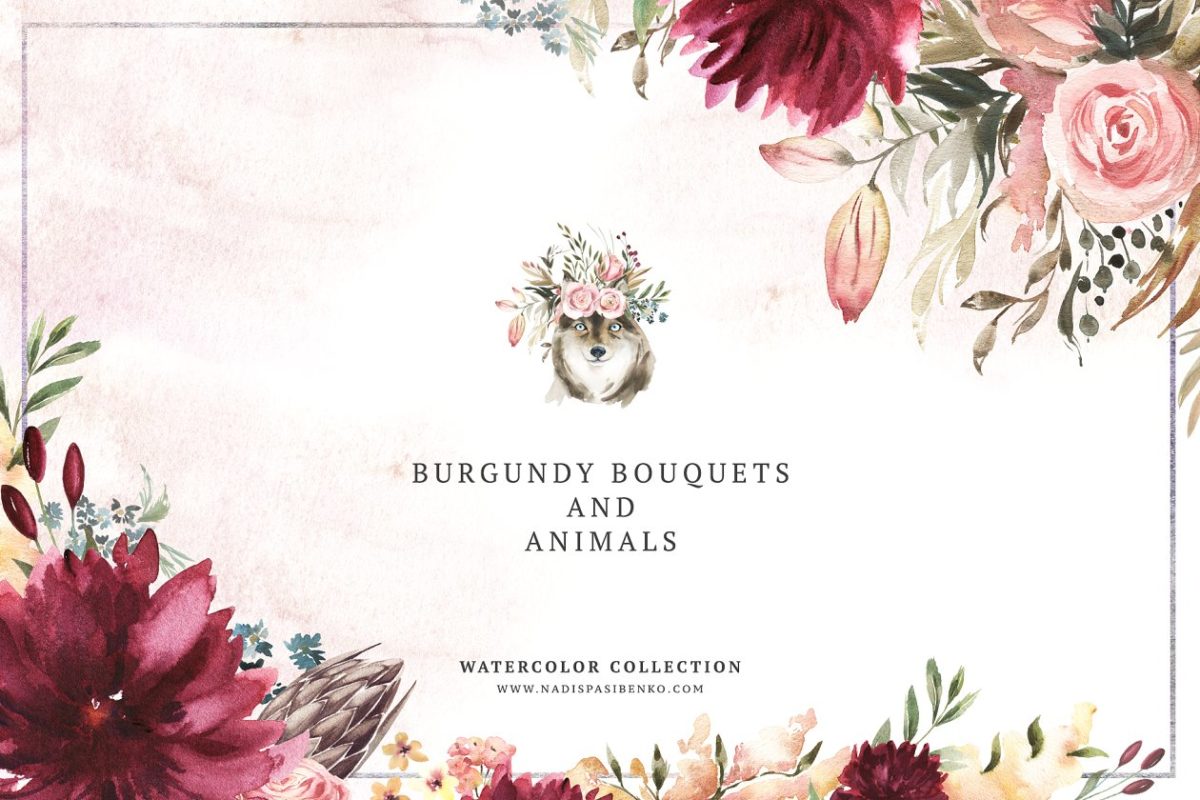 勃艮第水彩花卉 Burgundy Bouquets & Animals