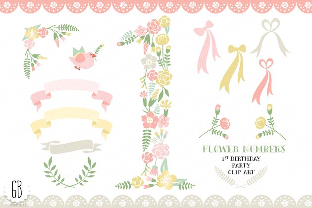 花卉矢量图形插画 Floral number, 1st birthday party
