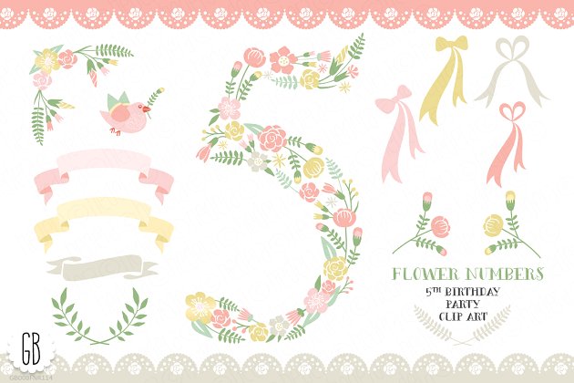 数字5创意花卉图形 Floral number, five, 5th, clip art