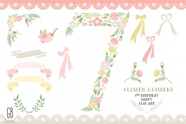 花卉矢量图形插画 Floral number, seven, 7th, clip art