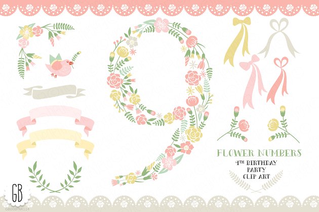 数字9创意矢量插画 Floral number, nine, 9th, clip art