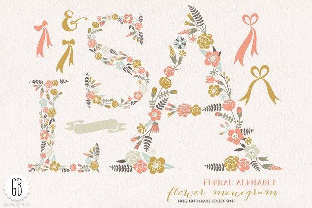 花卉字母素材 Flower monogram, floral letters ASL