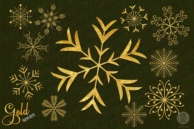 金色雪花圣诞装饰插画 Gold snowflakes christmas decoration