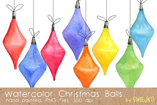 水彩圣诞节球插画 Watercolor Christmas Balls