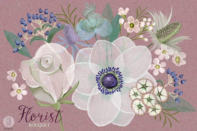 水彩花卉插画素材 Watercolor florist bouquet anemone