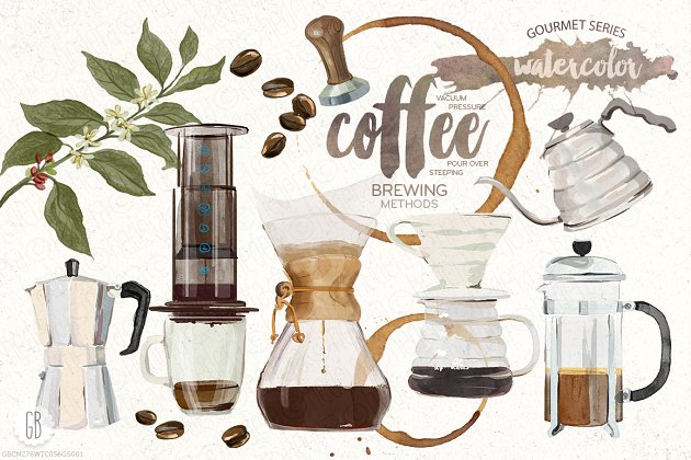 水彩咖啡元素插画 Watercolor coffee brewing methods
