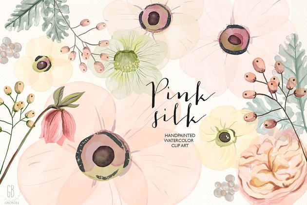 水彩蚕丝插画 Watercolor pink silk flowers