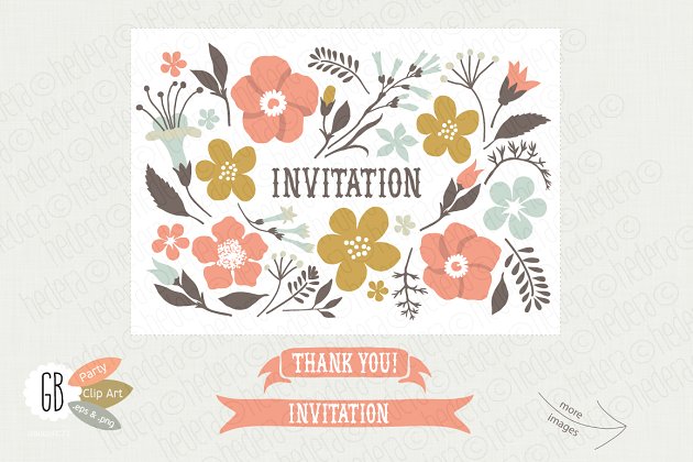 花卉插画邀请函 Folk flower invitation kit cream