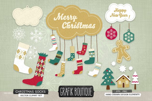 圣诞节元素插画 Christmas Socks gingerman decoration