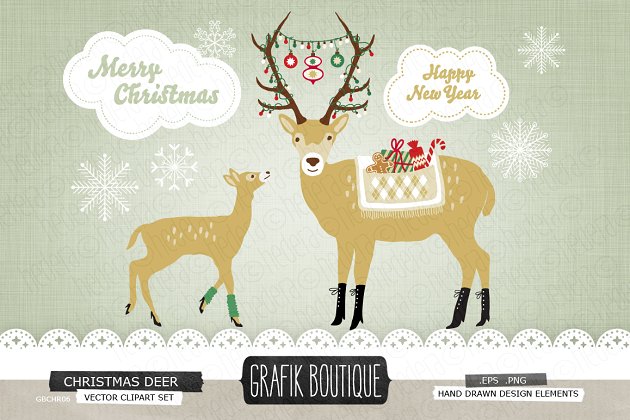 圣诞节鹿元素插画 Christmas Deer Roe decorated antlers