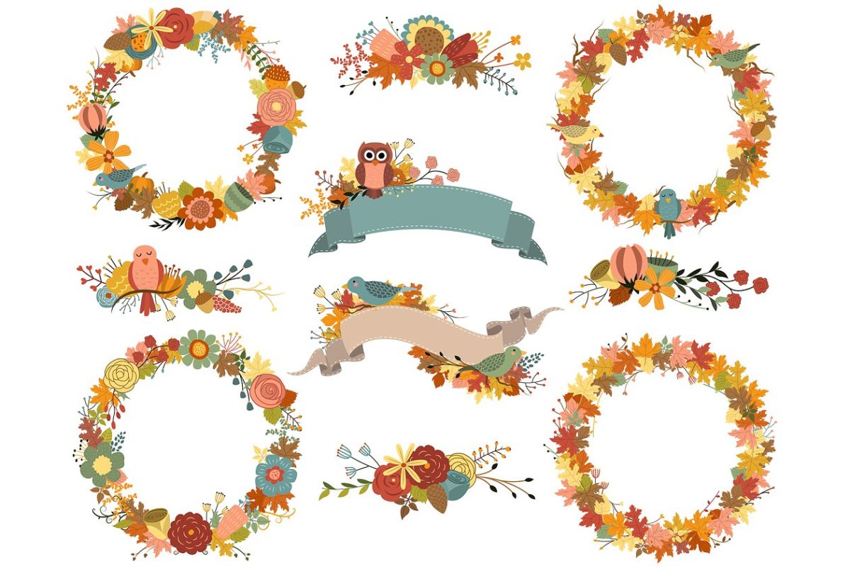 秋季花环元素插画 Autumn Wreaths Vector & PNG Pack