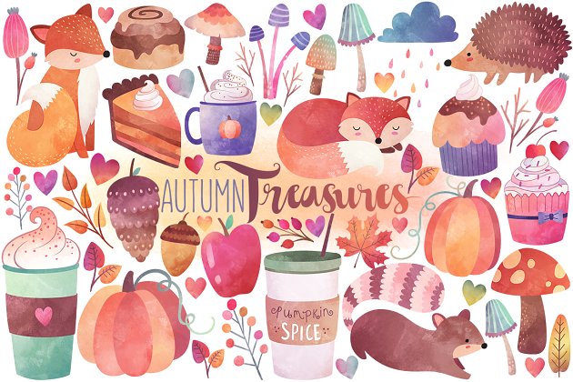 水彩卡通秋季动物食物素材 Watercolor Autumn Clipart Bundle