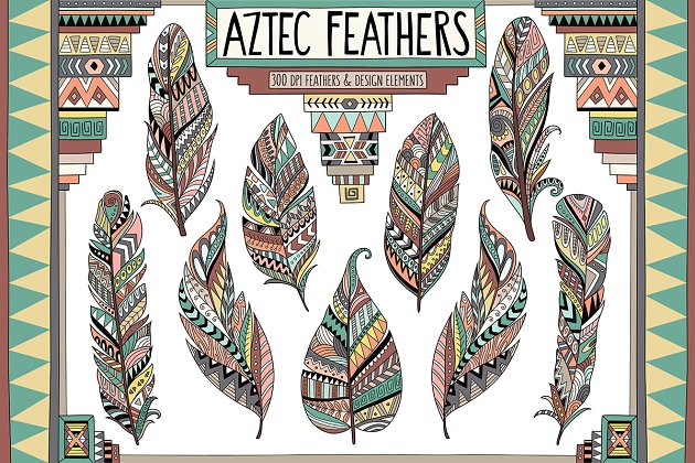 阿兹特克部落羽毛剪贴画 Aztec Tribal Feathers Clipart Set