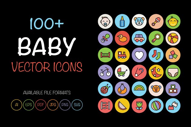 母婴产品图标素材 100+ Baby Colored Vector Icons