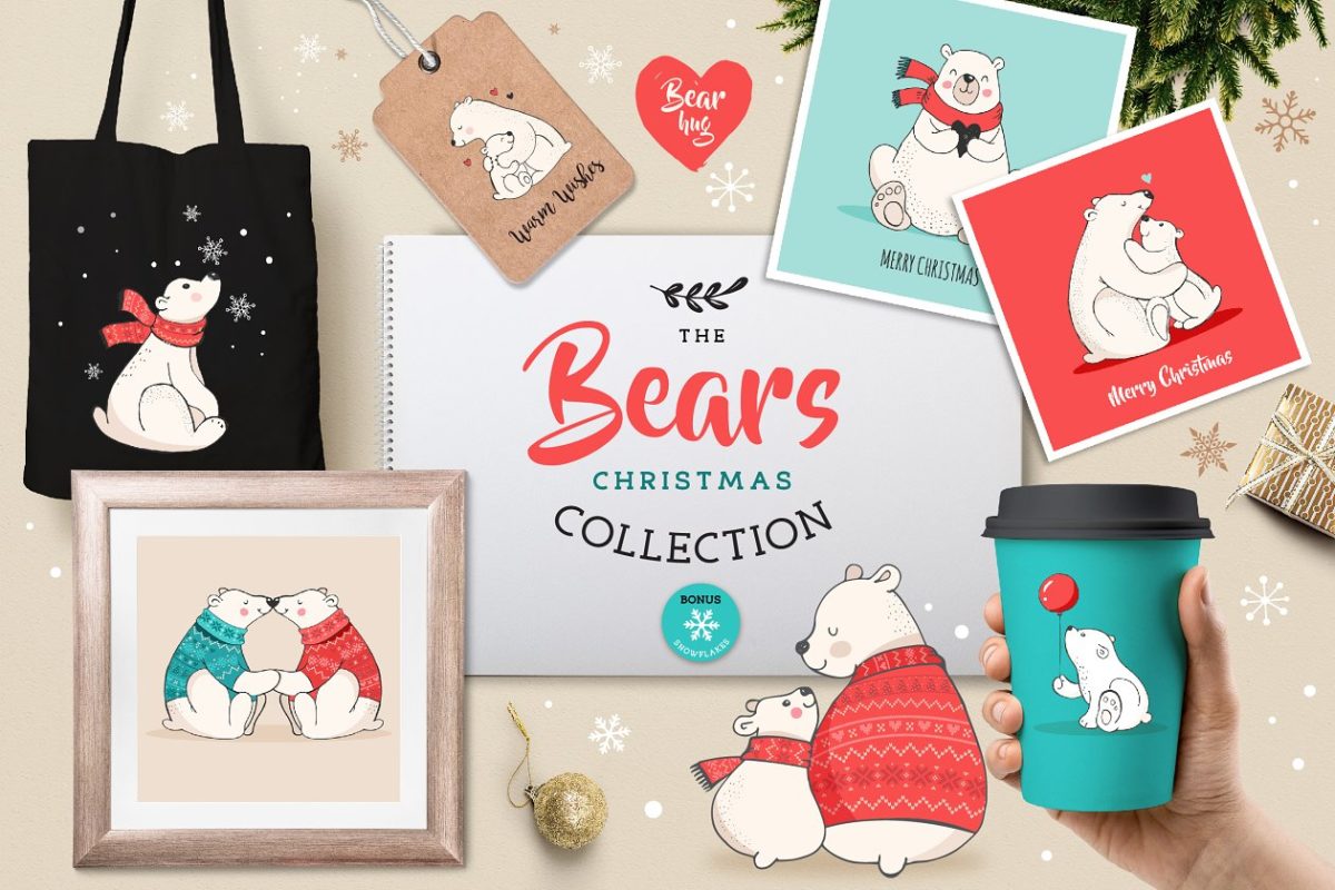 北极熊圣诞插画 Polar Bears, Christmas illustrations