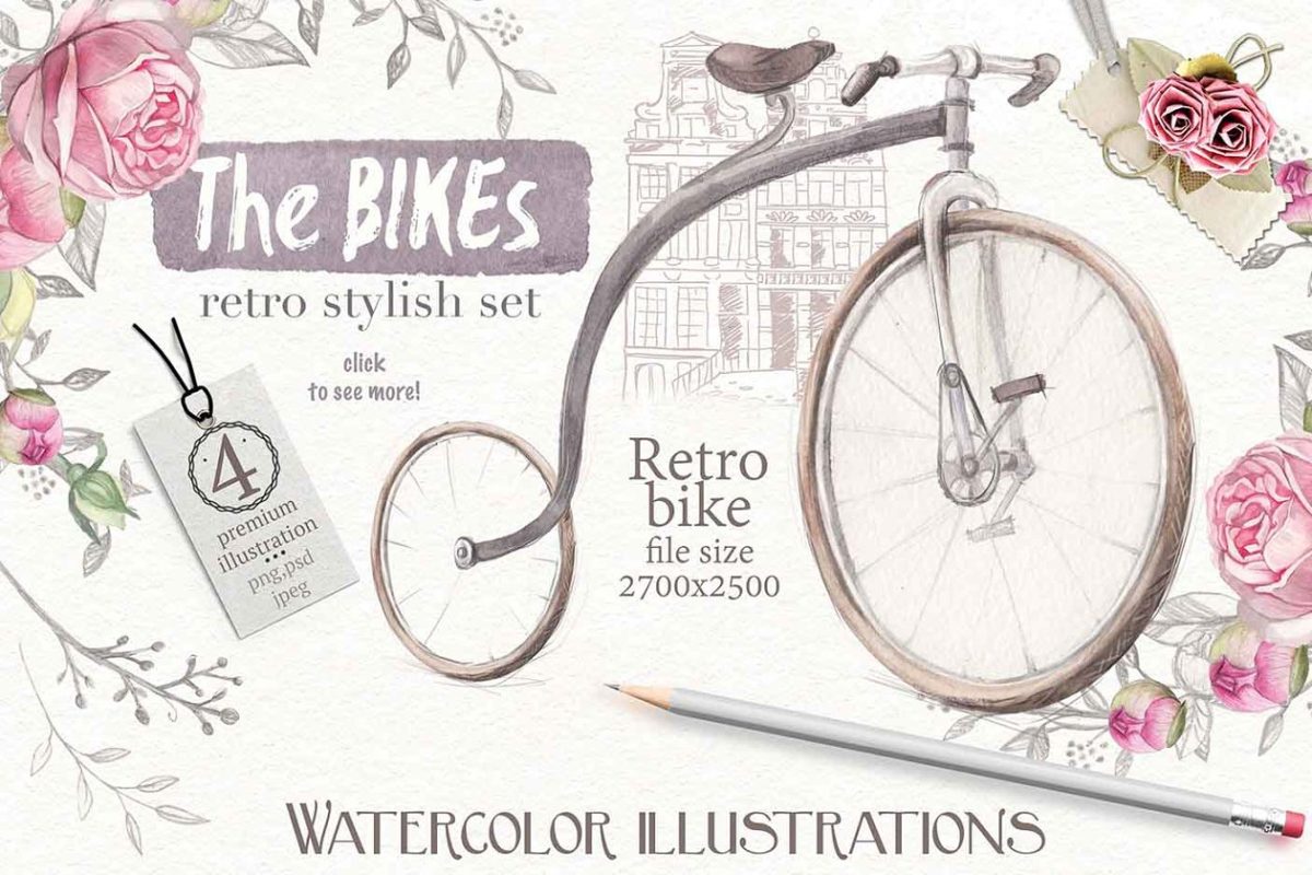 优雅文艺风自行车与玫瑰手绘插画元素 Bicycles and roses