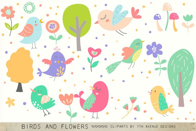 卡通鸟类和花卉剪贴画 Birds and Flowers Cliparts