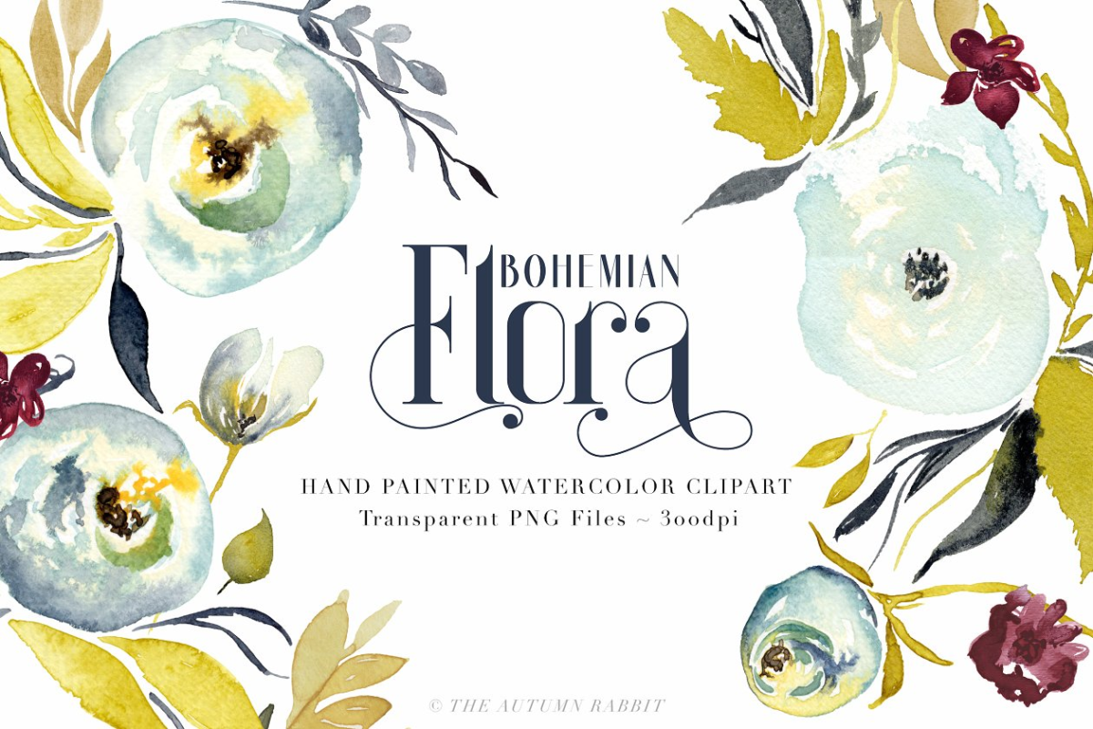波希米亚花卉水彩logo设计 Bohemian Flora – Watercolor Clipart