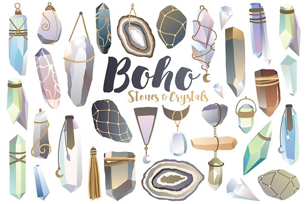 水晶石头插画素材 Boho Crystals & Stones Clipart Set