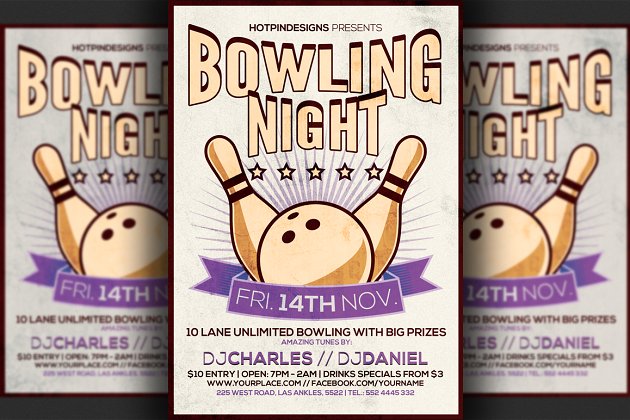 保龄球活动海报设计模板 Bowling Night Flyer Template