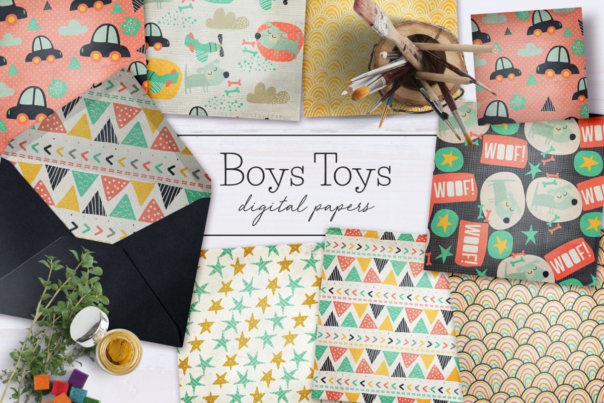 男童玩具图案素材 Boys Toys Digital Papers