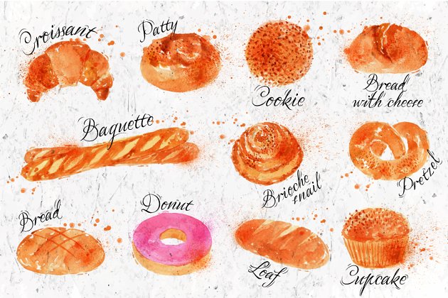 面包产品水彩插画 Bread products watercolor