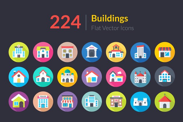 扁平化建筑图标素材 224 Flat Building Icons