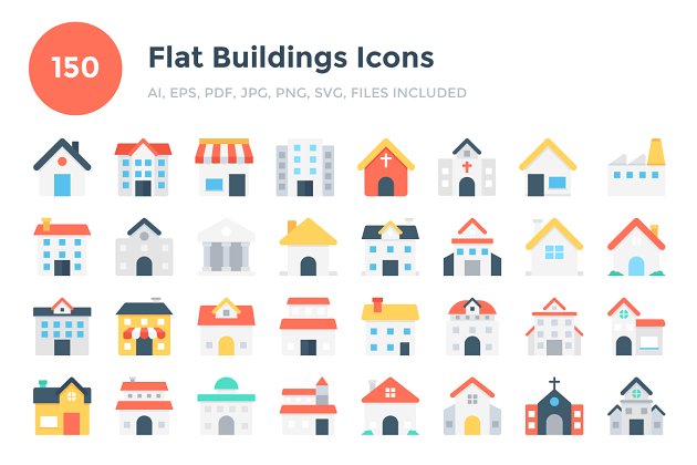 ui建筑图标素材 150 Flat Buildings Icons