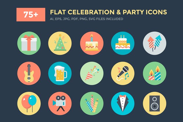 庆祝派对矢量图标设计 75+ Flat Celebration and Party Icons