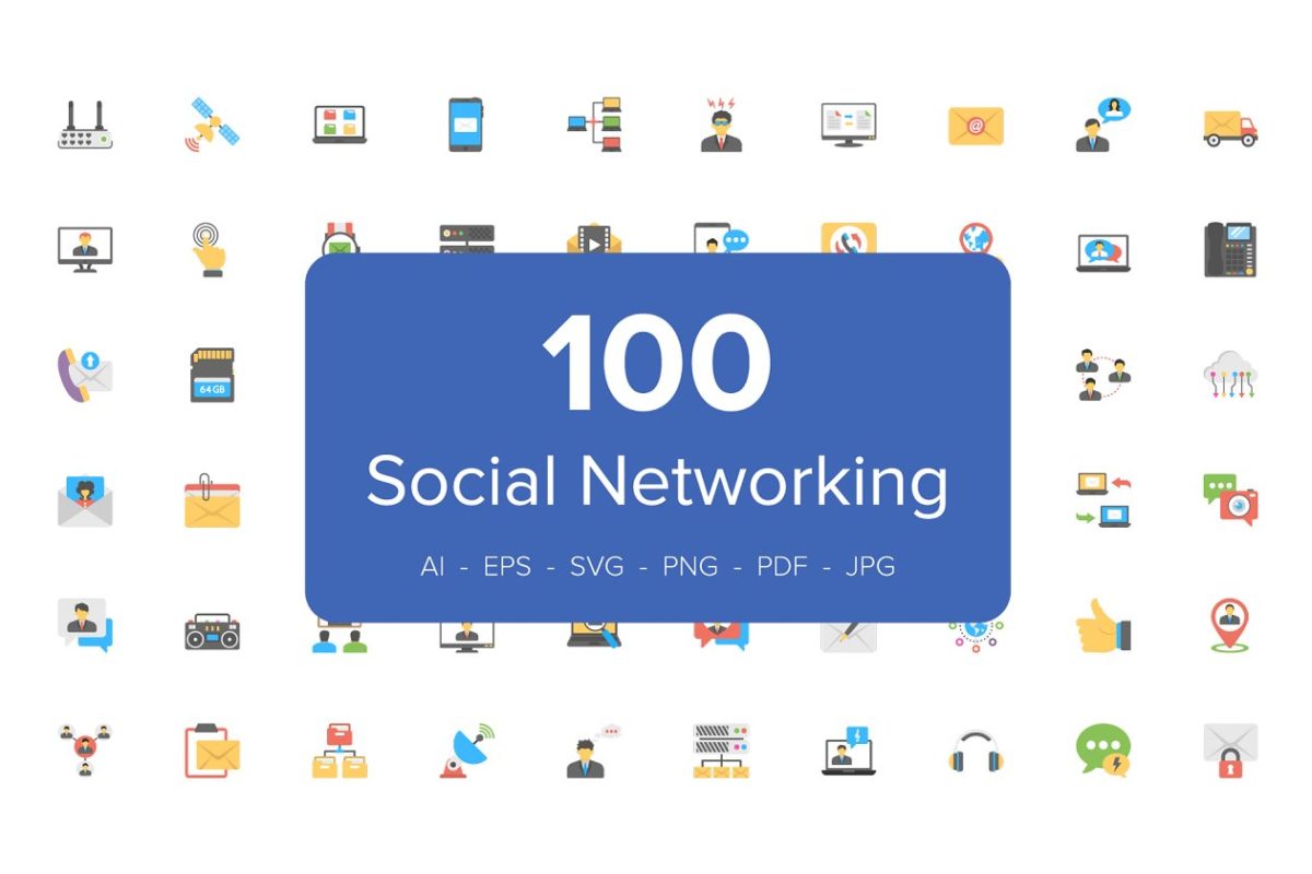 社交网络平面图标 100 Social Networking Flat Icons