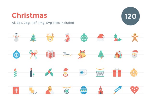 圣诞节元素图标下载 120 Flat Christmas Vector Icons