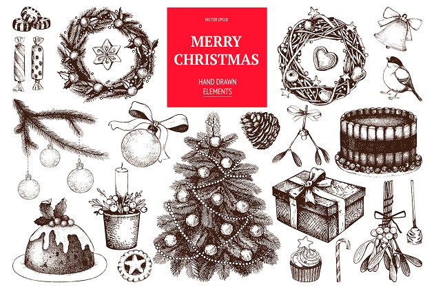 墨水手绘经典矢量圣诞插图 Vintage Christmas Illustrations