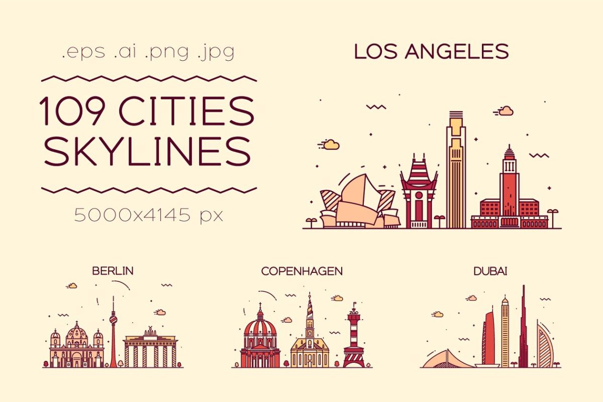 城市的天际线插画 Big collection of cities skylines