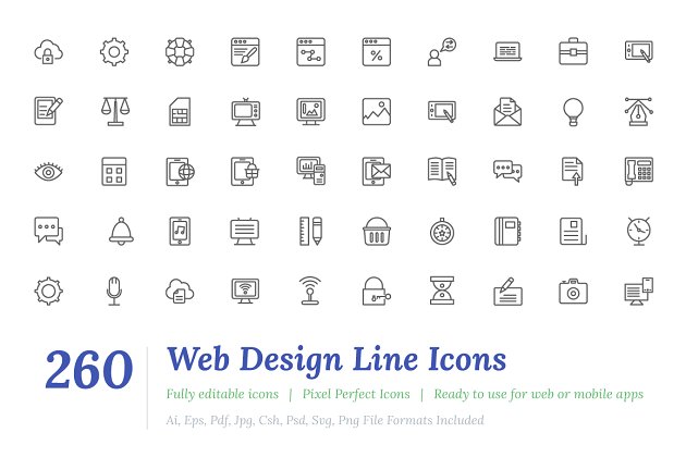 网页设计图标大全 260 Web Design Line Icons