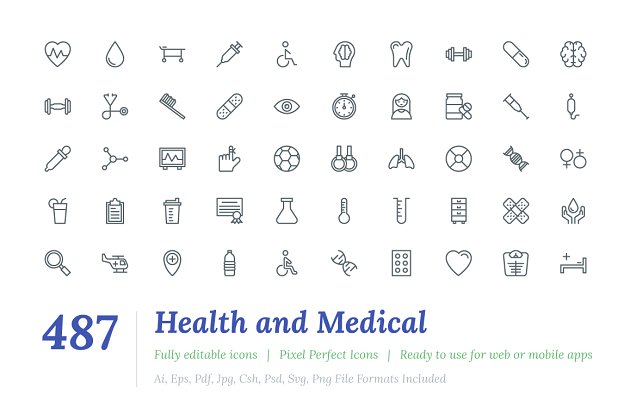 487个健康和医疗线型图标 487 Health and Medical Line Icons