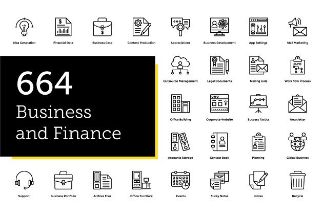 664个商业金融线型图标 664 Business and Finance Line Icons