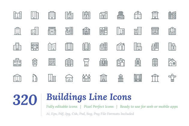 320个建筑线条图标大全 320 Buildings Line Icons