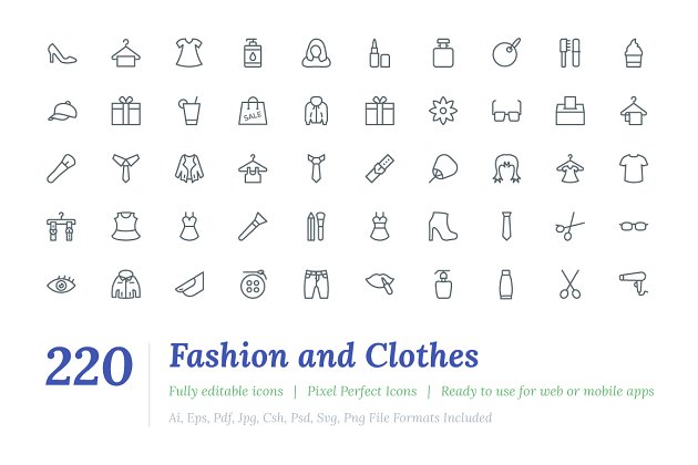 时尚时装和服装系列图标 220 Fashion and Clothes Line Icons