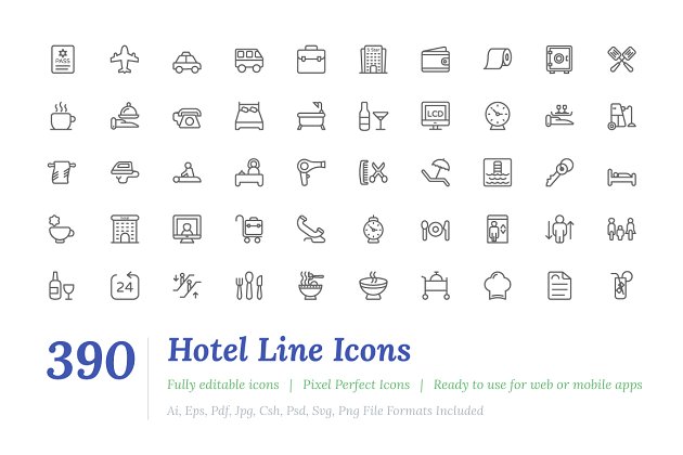 酒店功能图标大全 390 Hotel Line Icons