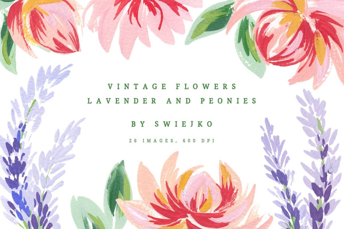 经典花卉插画 Lavender & Peonies, vintage flowers