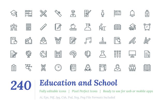 教育线型矢量图标 240 Education and School Line Icons