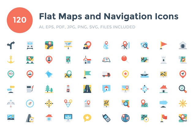 平面地图和导航图标设计 120 Flat Maps and Navigation Icons