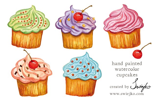 水彩蛋糕甜点素材 Watercolor Cupcakes