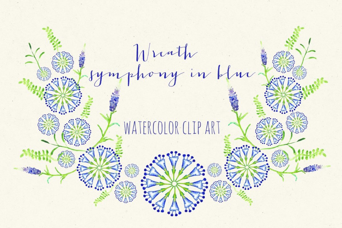 蓝色花卉素材插画 Wreath symphony in blue watercolor
