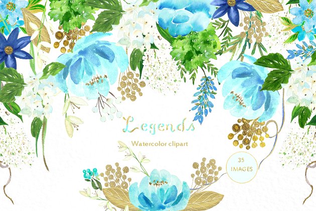 蓝色烫金水彩花卉图形 Gold & ligh blue. Watercolor flowers