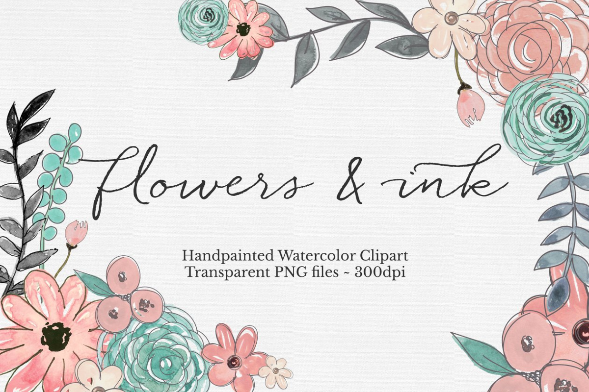 墨水花卉插画 Watercolor & Ink Floral Clipart Set